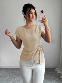 Rafferiza 休闲通勤百搭度假简约宽松圆领蝙蝠短袖不对称下摆设计柔软质感材质蓝色女衬衫夏季上衣女夏装夏季衬衫夏装女优雅上衣 - 卡其色 - 查看 5