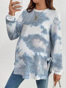 SHEIN Maternity Tie-Dye Print Round Neck Long Sleeve Side Slit Hem Casual Sweatshirt