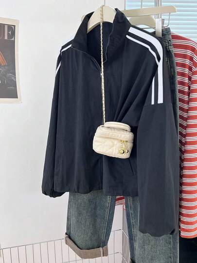 秋季女士黑色立领休闲宽松夹克