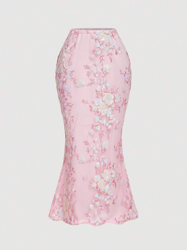 SHEIN MOD Women's Elegant Sequin Embroidered Mermaid Hem Skirt
