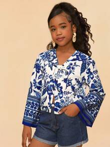 SHEIN Tween Girls' Floral Pattern Long Sleeve Casual Vacation Blouse - Blue and White - View 6