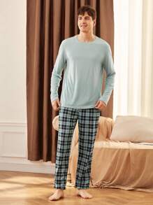 Manfinity Underwear&Sleepwear Basics 男士纯色长袖上衣和格子长裤家居服套装 - 薄荷藍 - 查看 7