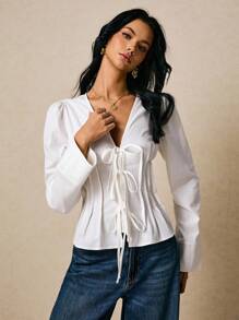 Poéselle 女士系带束腰衬衫 白色长袖衬衫 女士上衣 女士纯色V领系带泡泡袖束腰衬衫 秋季上衣 冬季上衣 秋季外出上衣 Y2K - 白色 - 查看 2