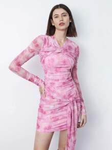 Maija Váy bó sát cơ thể xếp nếp in họa tiết hoa nhuộm loang mùa xuân cho nữ, màu hồng, thường ngày, thích hợp cho lễ hội ngày lễ tình nhân - Hồng - Xem 4