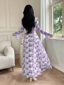 Feyla Robe femme élégante à imprimé floral all-over - Prune - Voir 3
