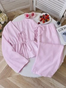 Sweetra European & American Spring/Autumn New Pink Striped Drawstring Long Sleeve Simple Versatile Straight Leg Pants Women 2 Pieces Set Fall Cloth For Women - Pink - View 1