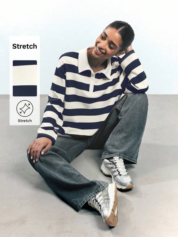 Maija Women's Blue And Apricot Striped Early Spring Casual Long Sleeve Front Button Loose Fit Versatile Simple All-Match T-Shirt Top,Festival,Autumn Outfits For Women,National Day T-Shirt Fall Clothes For Women