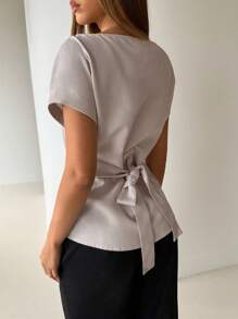 Aloruh Áo sơ mi kaki vải lanh công sở thông thường - Màu be - Xem 2