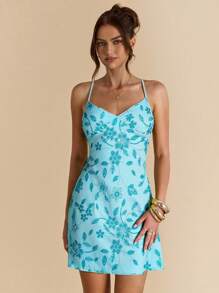 SHEIN BAE 纯绿色性感露背系带饰钉亮片装饰迷你连衣裙，适合女士穿着，优雅露背连衣裙，适合海滩、度假、夏季 - 藍色 - 查看 6