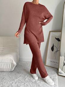 EURMUSE 100%Cotton Drop Shoulder Split Hem Tee & Pants - Dusty Pink - View 7