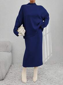 SHEIN Cottnline طقم تنورة وديكورات كاجواليد خريف/شتاء - أزرق بحري - مشاهدة 7