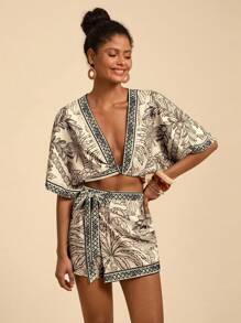 Travachic 女士度假棕榈树蝙蝠袖深 V 短款上衣和裹身系带短裙性感 2 件套