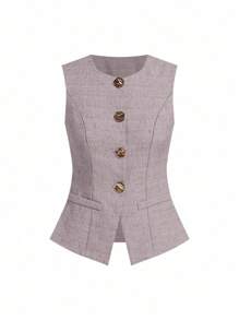 Ellevyn Women's Business Casual French Style Sleeveless Waistcoat With Metal Buttons, Commuter Top Vintage - Mauve Purple - View 4