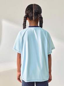 JNSQ Camiseta de manga corta para deportes al aire libre para volver a la escuela, camiseta gráfica de cuello redondo con bloqueo de color y estampado divertido para niños para deportes al aire libre