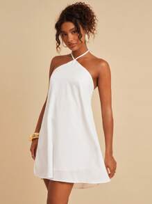 Travachic Vestido unicolor plisado de cuello halter de espalda abierta - Blanco - Ver 4