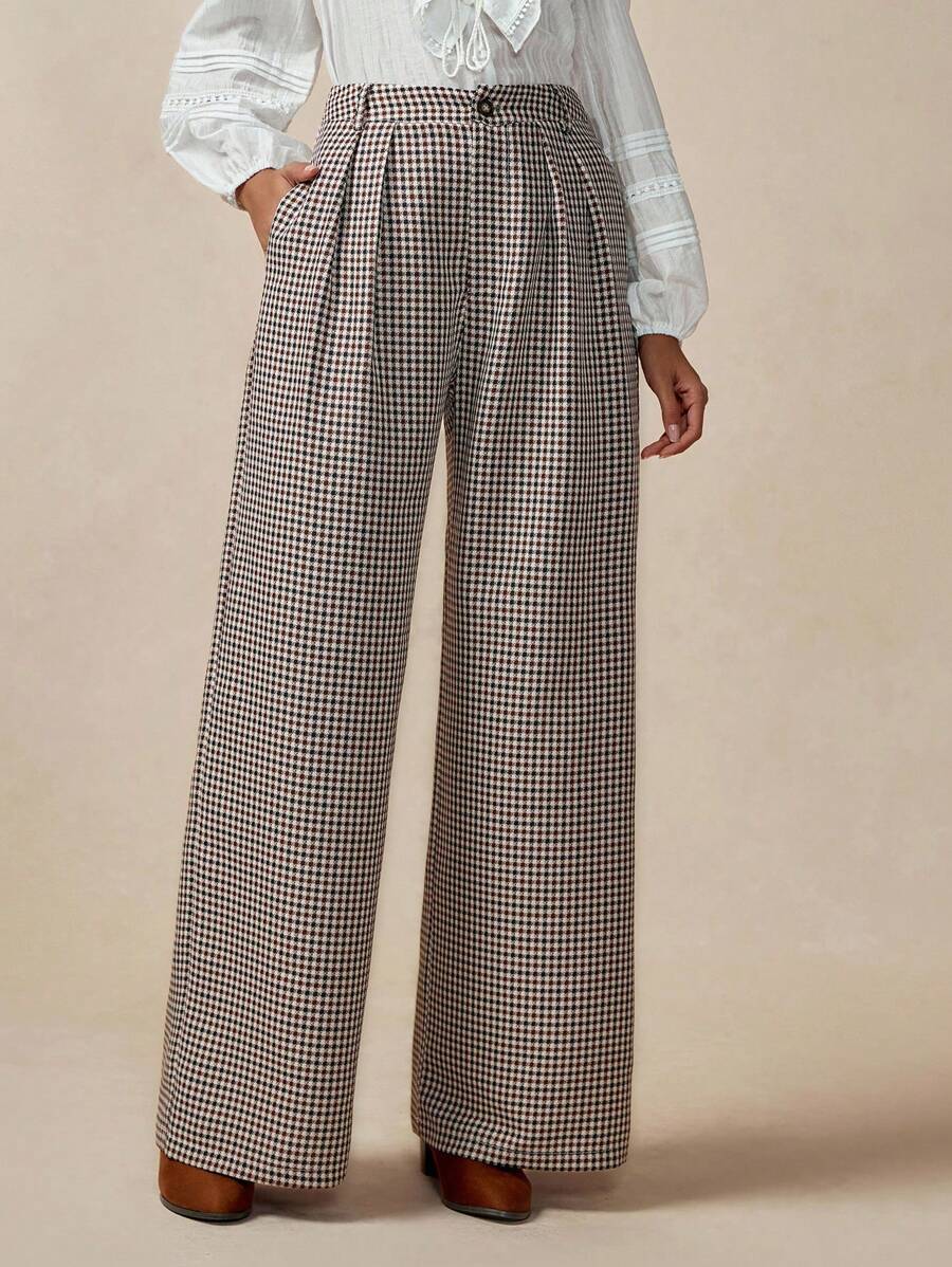 Florisole Women's Elegant Plaid Casual Retro Simple Straight Pants For Commuting Breezy Checks Season Fall Cloth For Women