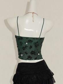 SHEIN ICON Sequin Embroidered Bead Decorated Women's Shiny Sequin Patchwork Camisole - Green - View 2