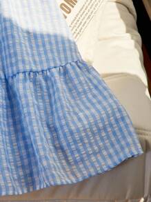 SHEIN 1 件女童格子泡泡袖连衣裙，腰部收褶牛津布束腰连衣裙，适合度假和户外穿着 - 彩色 - 查看 6