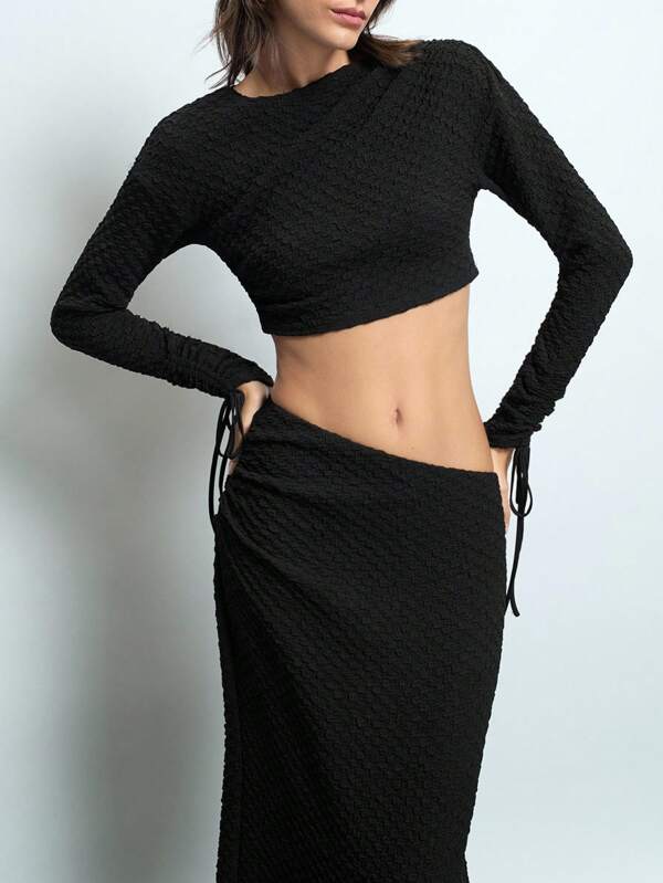 Maija Women's Early Spring Black Ruched Sleeve Long Sleeve Cropped Top With Drawstring & Women's High Waist Ruched Skirt Casual 2 Pieces Set, Suitable For Daily, Party And Holiday Wear Festival