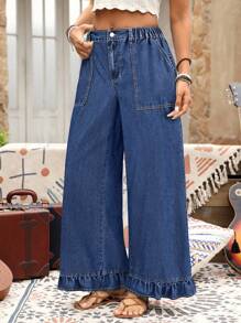EMERY ROSE Plus Size Frilled Edge Wide Leg Denim Pants, Vacation Style - Dark Wash - View 4