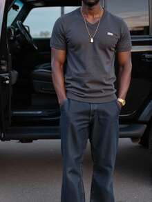 Manfinity Homme Men's Casual Lettered Logo Short Sleeve Knit Top, Summer Back To School - Dark Grey - View 4