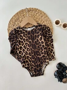 SHEIN Baby Girl Leopard Print Elastic Knit Long Sleeve Bodysuit Fall Winter