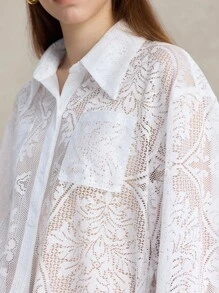 Briarwyn Women's Hollow Out Drop Shoulder Long Sleeve Single Breasted Pocket Loose Blouse,White,Autumn,Elegant,Tea Party,Fall,Back To School,Old Money Style - White - View 8