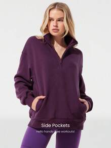 GLOWMODE 日常羊毛宽松齐臀半拉链长袖运动衫，带侧袋，日常休闲秋冬 - 櫻桃可樂 - 查看 4