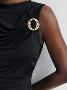 Maija Women's Black Ruched Sleeveless Dress,Metal Accent Round Neck Fitted Dress,Business Casual Office Wear,Old Money Style Urban Commuting Dress - Black - View 5