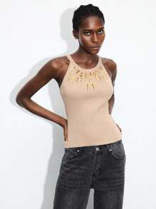 Maija 女士米色彩色亮片夏季针织上衣，百搭，优雅，时尚，派对装，合身，刺绣亮片浪漫别致法式游艇巡航基本款上衣，派对秋季 - 卡其色 - 查看 4