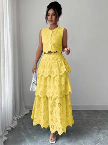SHEIN Clasi 2件套：女士圆形刺绣纽扣背心和A字中长裙 - 黃色 - 查看 3
