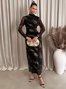 Lavishia Black & Coffee Abstract Print Long Sleeve Fitted Dress For Women Turtle Neck Long Sleeve