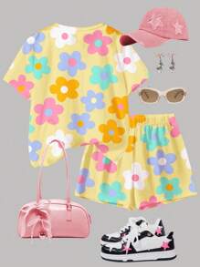 Emery Rose Kids Emery Rose Kids 2 件套青少年女孩休闲简约短袖 T 恤和短裤套装，适合夏季