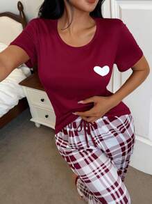 Red And Plaid Long Pant Pajama Set With Round Neck And Casual Style Burgundy Pajama Set Plaid Pajama Set, Fall Clothes