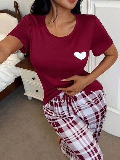 Miss Vinta Rood Plaid Long Pant Pajama Set Round Neck Bordeaux Set, Fall Clothes view 4