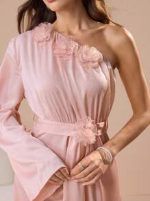 Modelyn Women's Long Asymmetrical Neck Dress With 3D Floral Decor - Pink - View 3