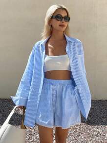 Livesso Women's Vacation Casual Plaid Shirt & Shorts 2 Pieces Set Boho Lounge Sets For Women - Blue - View 4