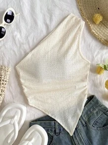 Tween Girl Solid White One Shoulder Tube Top Asymmetrical Hem Sleeveless Textured Knit White Tube Top Crop Top For Tweens Textured Crop Top Knitted Tube Top Camisole Top Summer Tube Top Textures Crop Top