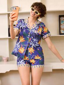 Chillnights Women Fruit & Plant Printed Lapel Ruffled Sleepwear Set - Multicolor - View 5