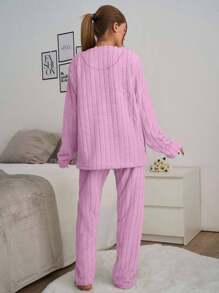 EURMUSE 2件套条纹绒毛面料带标语刺绣细节家居服睡衣套装 - 粉色 - 查看 2