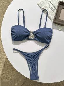 Swim Vcay 女士夏季度假提花针织性感细肩带金属细节比基尼套装 - 藏蓝色 - 查看 3