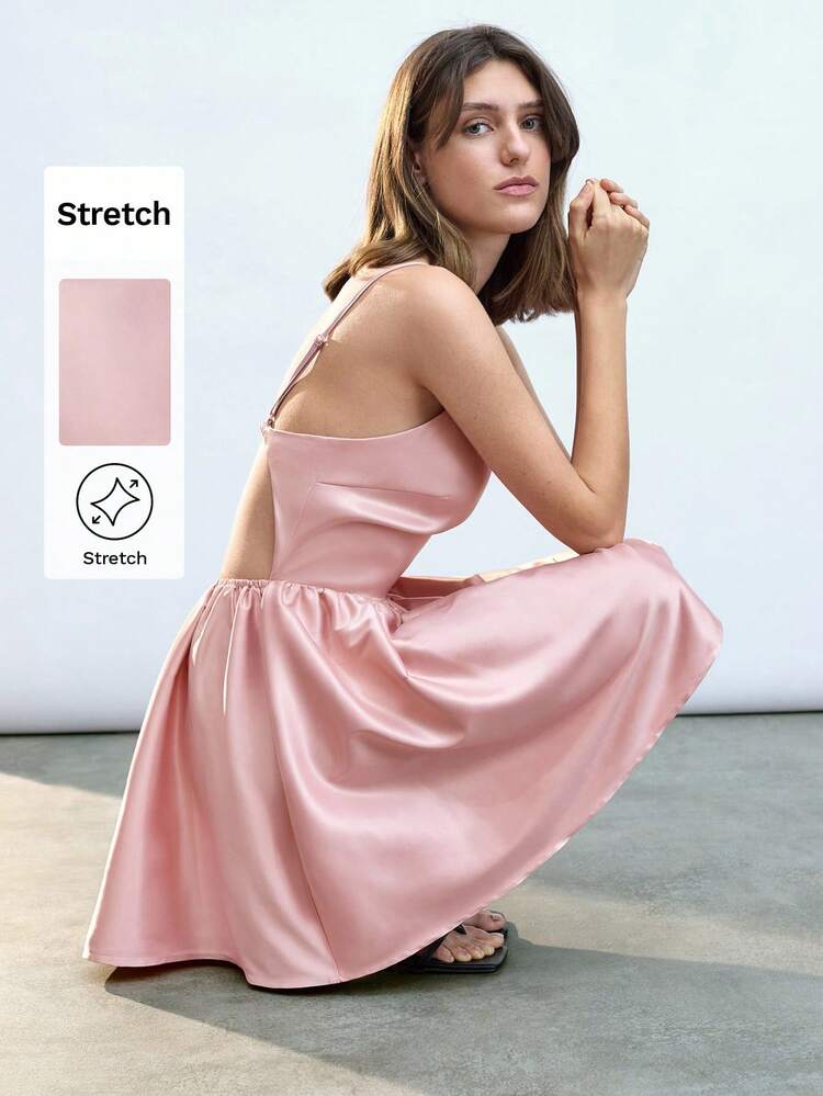 SHEIN Maija Robe mini dos nu à taille resserrée en satin rose, élégante, ajustée, simple, polyvalente, convient aux festivals et occasions printanières/estivales