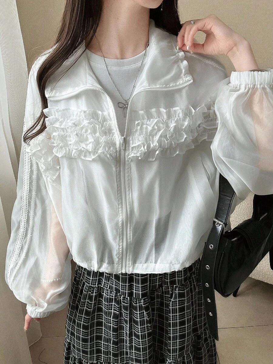 FRIFUL Veste ample régulière pour femmes avec manches lanternes légères, volants en dentelle et patchwork de couleur unie. Manteaux d'automne pour femmes - Blanc - Voir 1