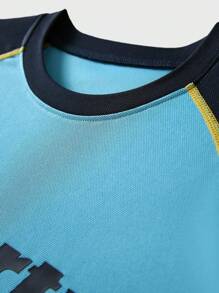 Back To School Outdoor Sports Short Sleeve & Shorts Set, Kids Colorblock Graphic Print Short Sleeve T-Shirt & Shorts Set - Blue - View 7