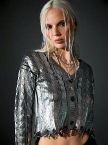 CasuGlow Women Foil Print Cable Knit Silver Knit Cardigan Button Front 2000s Style Y2k Clothes Silver Metallic Top - Silver - View 1