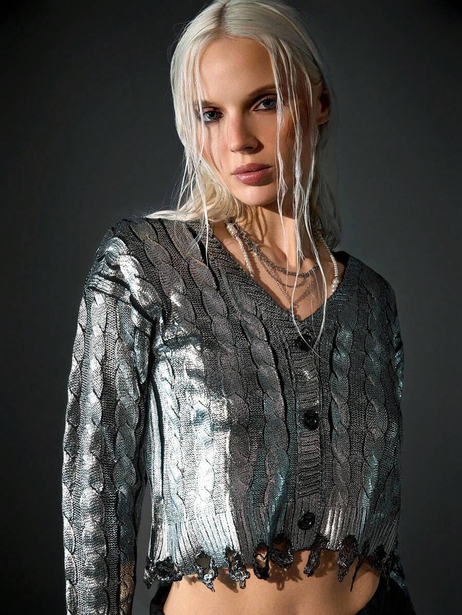CasuGlow Women Foil Print Cable Knit Silver Knit Cardigan Button Front 2000s Style Y2k Clothes Silver Metallic Top - Silver - View 1