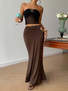 DAZY Gonna a coda di pesce forata tinta unita da donna per vacanze - Caffè Marrone - Visualizzare 5