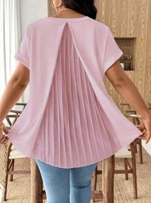 SHEIN Clasi Áo thun nữ tay ngắn xếp ly cổ chữ V màu trơn đơn giản cỡ lớn mặc đi chơi, đi làm, đi nghỉ, mùa hè - Bụi hồng - Xem 1