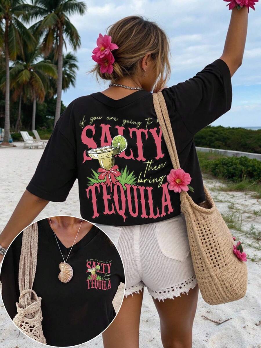 DrmWander 女式 V 领休闲短袖 T 恤，印有鸡尾酒和标语，夏季时尚 - 黑色 - 查看 1