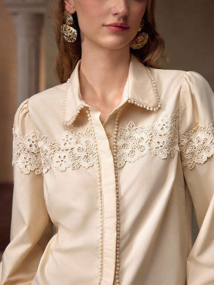 CONTRAST GUIPURE LACE ELEGANT OFFICE WEAR LONG SLEEVE SHIRT